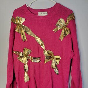 Victoria Harbour Pink Sweater with Gold Seqiun Bows